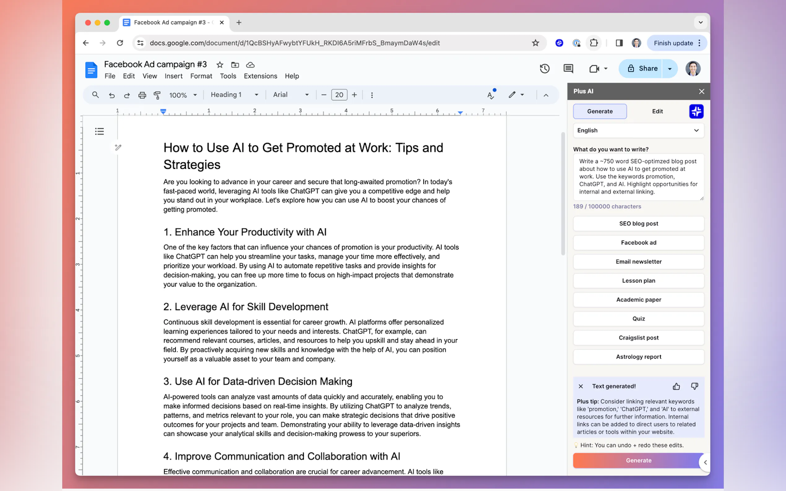 Screenshot 3 of Plus AI for Google Docs